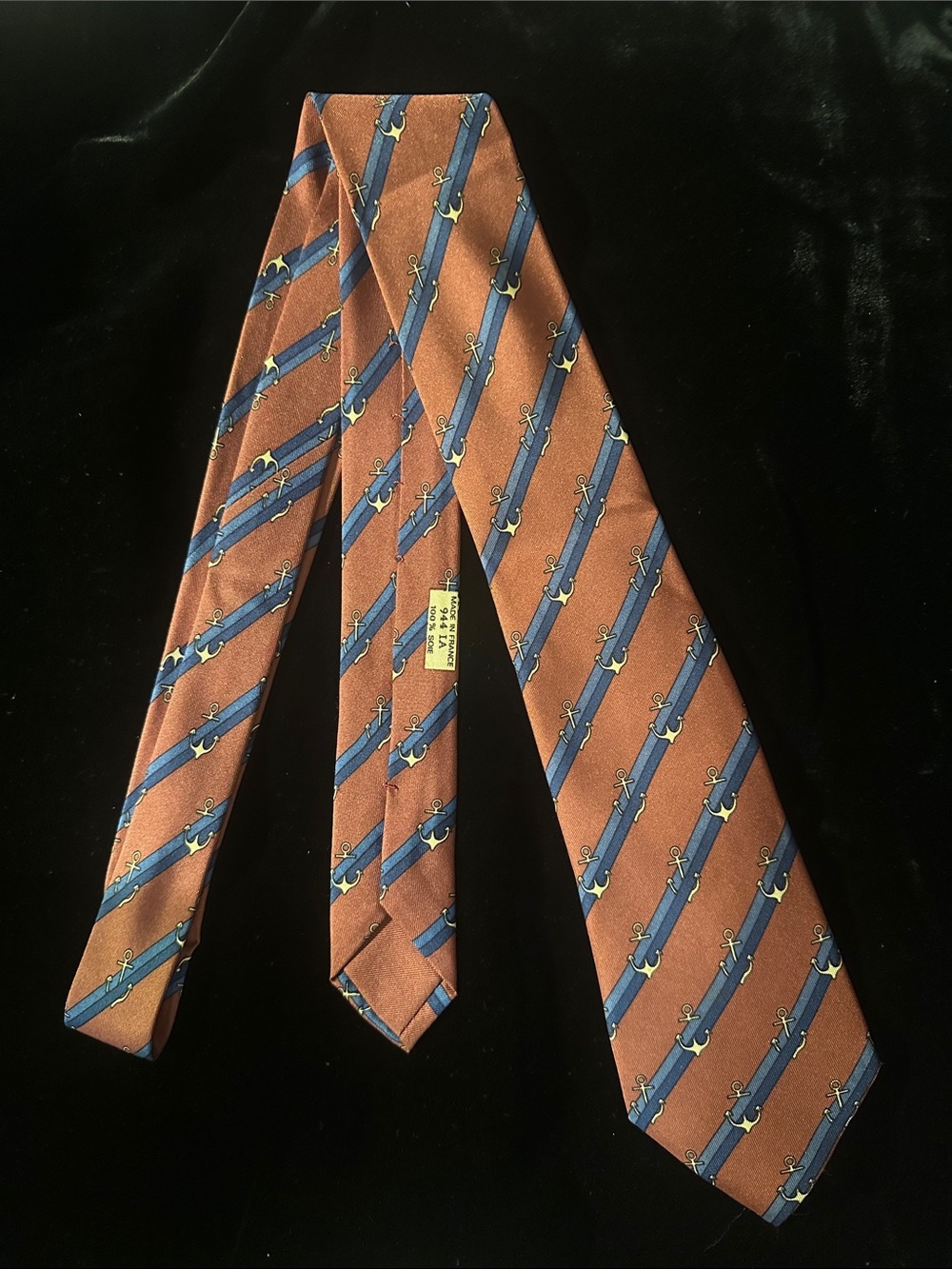 Hermes Brown Silk Tie with Blue and Gold Equestrian Stripe